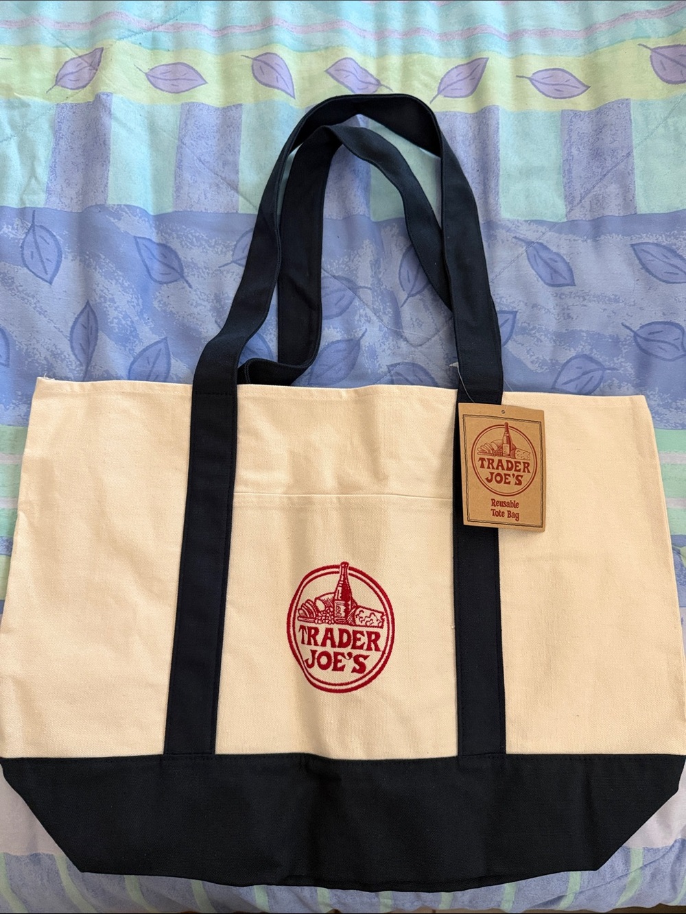 Trader Joe's Cream and Black Canvas Tote Bag